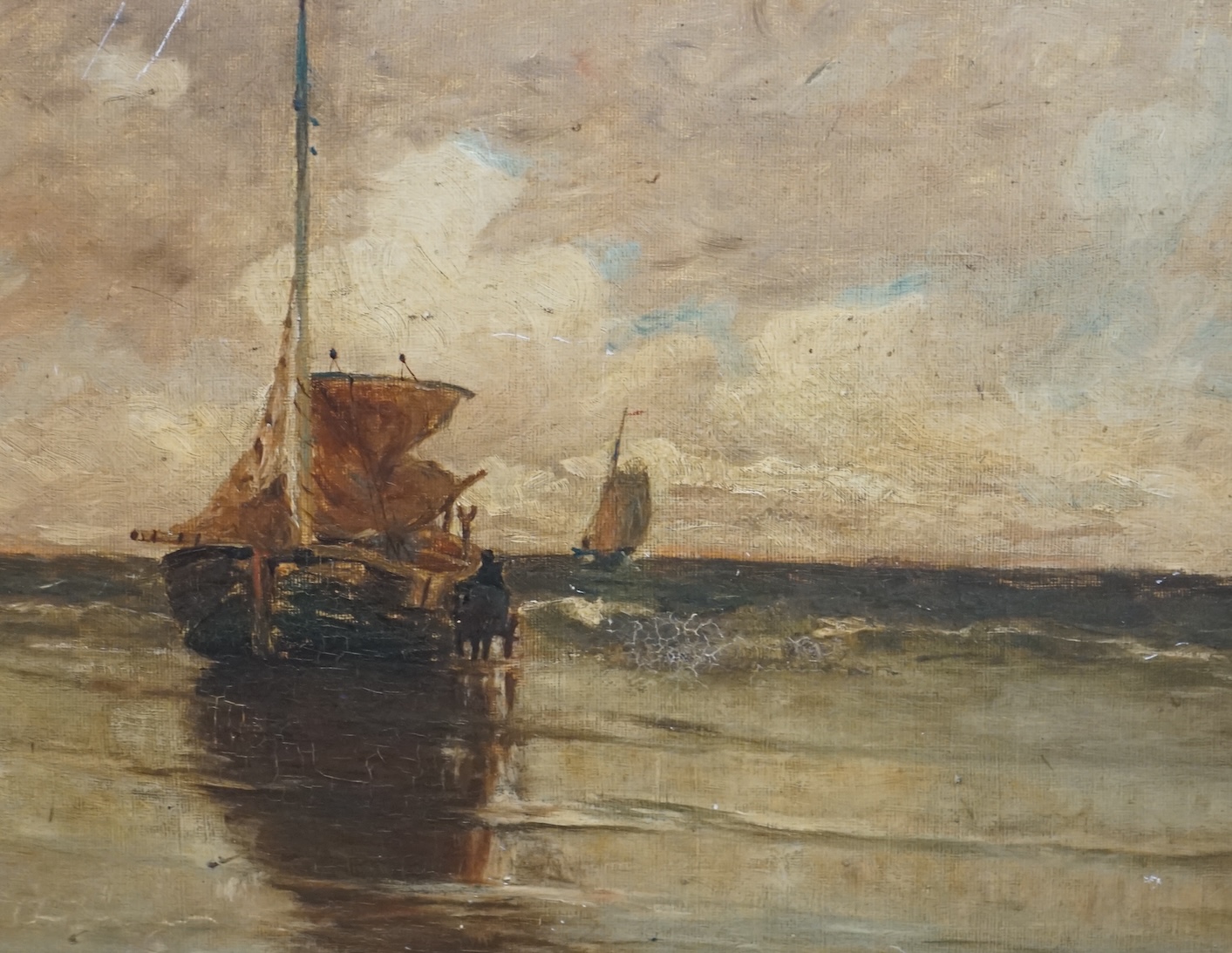 20th century, oil on canvas board, Seascape with fishing boats, unsigned, 28 x 37cm. Condition - poor to fair